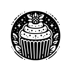 Detailed Black and White Tattoo-Style Illustration of a Cupcake Adorned with Foliage and Celestial Elements inside a Circle.