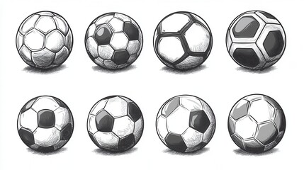 Sketch illustration of eight different soccer ball designs in black and white