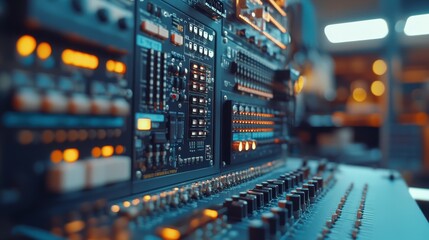Fototapeta premium Close-up of analog audio equipment with lights and dials in recording studio