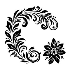 Elegant Floral Design Elements: Decorative Black & White Ornaments with Leaves and Swirls, a Stylized Flower.