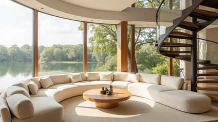Luxurious living room with curved sofa, wooden table, and scenic lake view. Natural light enhances modern design and cozy atmosphere