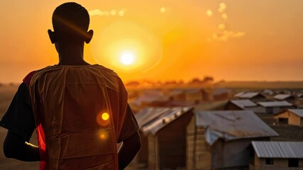 Sunset silhouette of a worker surveying housing for displaced families. World Humanitarian Day, August 19