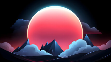 Pixel Art Night Cityscape with Neon Mountains and Red Moon