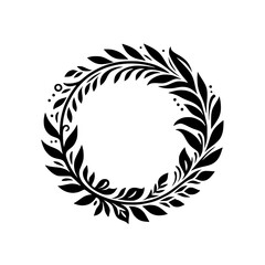 Fototapeta premium Elegant Circular Laurel Wreath in Solid Black on White Background, Featuring Leafy Branches, Dots, and Subtle Details for a Clean Design.