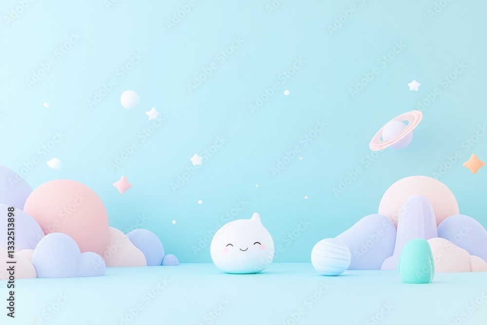 Poster create 3d illustration of whimsical character floating in space with serene expression surrounded by