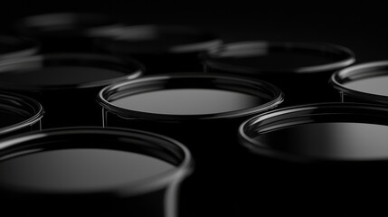 Black paint cans arranged in a neat row