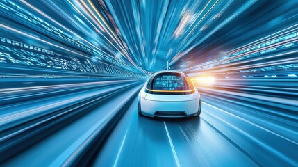 Obraz premium Futuristic Autonomous Vehicle in High-Speed City Environment