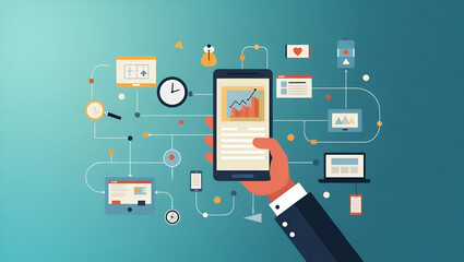 Flat Vector Business Digital Marketing Concept: Cute Illustration of Mobile Phones Connecting for Online Marketing Success in a Smart Business Tone