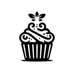 Monochromatic Minimalist Cupcake Illustration Featuring Swirls, Dots, and Leafy Topping on a White Background.