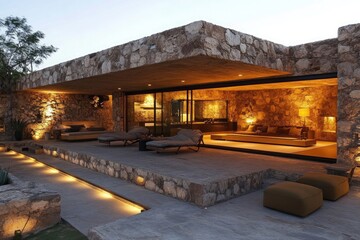 Cave style home with raw stone textures and warm lighting