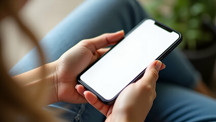 Close-Up of a Woman's Hands Holding a Smartphone with Blank White Screen - Ideal for Content Creation and Showcasing Digital Platforms in Stock Photography