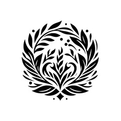 Intricate Black and White Floral Emblem with Leafy Branches, Swirls, and Dots Forming a Symmetrical Circular Design on White
