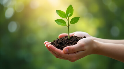 Child's Hand Holding a Small Tree: A Symbol of Environmental Responsibility and Love for Nature on Earth Day - Nurturing Our Planet for a Greener Future | Stock Photo Concept with Space for Text