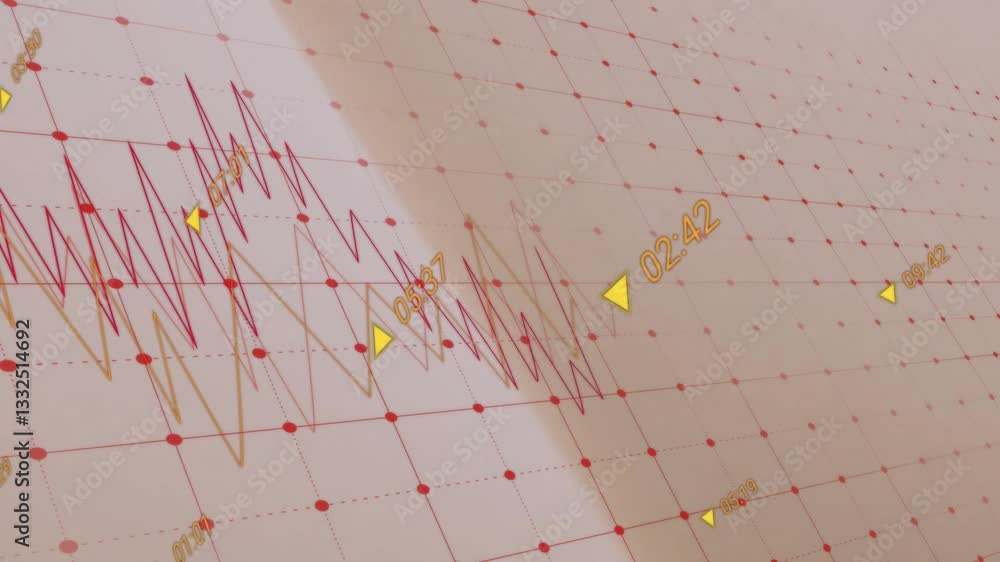 Poster animation of red and yellow line graph displaying numerical data on grid background