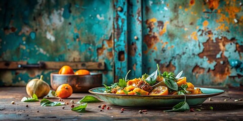 Fototapeta premium Urban Food Photography Background: Teal & Orange Distressed Concrete Wall