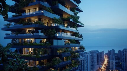 Obraz premium An energy-efficient skyscraper with greenery growing on every balcony