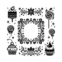 Black and white dessert and floral decorative design with a central ornate frame and sparkling accents.
