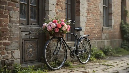 Vintage Bicycle with Flowers Basket Parked by a Rustic Brick Building