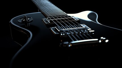 Close up of a classic black electric guitar.