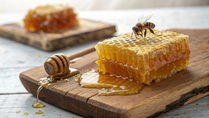 Honeycomb with Bee and Honey Dripper on Wooden Board, Highlighting Sweetness and Craftsmanship in Beekeeping