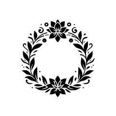 Ornate floral wreath in black and white, symmetric design with leaves, dots and flower elements, perfect for borders and decoration.