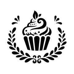 A stylized black and white cupcake logo design surrounded by a floral wreath, minimalist and elegant.