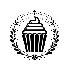 Black and White Vector Illustration of a Cupcake Surrounded by a Floral Wreath and Decorative Elements