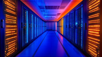 Fototapeta premium Futuristic data center with illuminated server racks and cables.