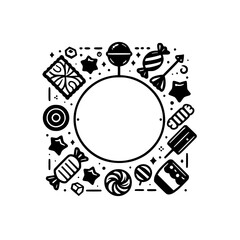 Fototapeta premium Black and white vector illustration of a circular frame adorned with various candies, sweets, and playful decorative elements.
