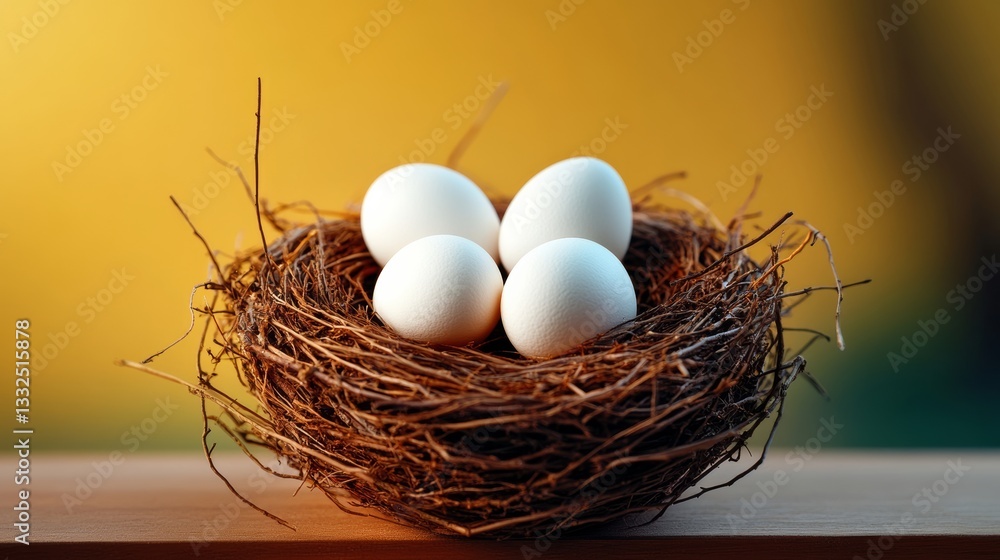Aufkleber nest of eggs sits on a wooden surface. the eggs are white and appear to be fresh. the nest is made o