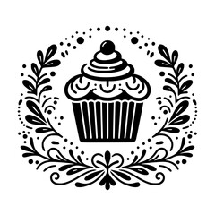 Elegant Black and White Cupcake Design: A Whimsical Illustration featuring a Sweet Treat in a Decorative Floral Frame.
