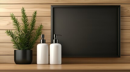 Modern black frame mockup on rustic wooden wall background for interior design and photography display