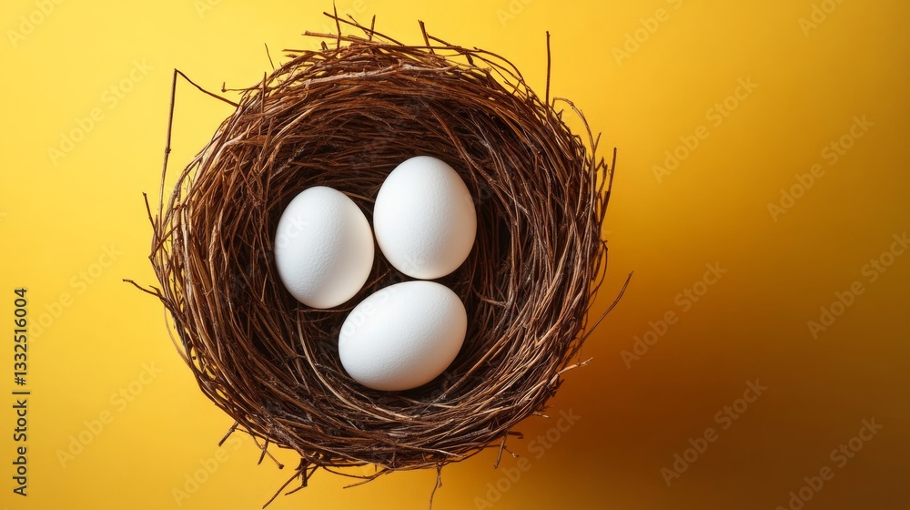 Poster nest of eggs with three eggs in it. the nest is brown and the eggs are white