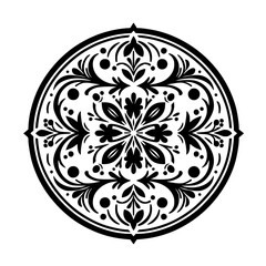 Intricate Black and White Circular Ornamental Design with Floral and Leaf Motifs, Isolated on White Background.