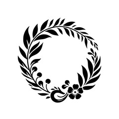 Elegant Black Floral Wreath with Leaves, Berries, and a Flower on a White Background, Vector Illustration Design