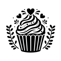 Delightful Black and White Vector Cupcake Illustration with Heart Topping, Floral Accents, and Modern Decorative Design