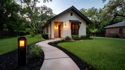 Modern House Exterior with Manicured Lawn and Pathway