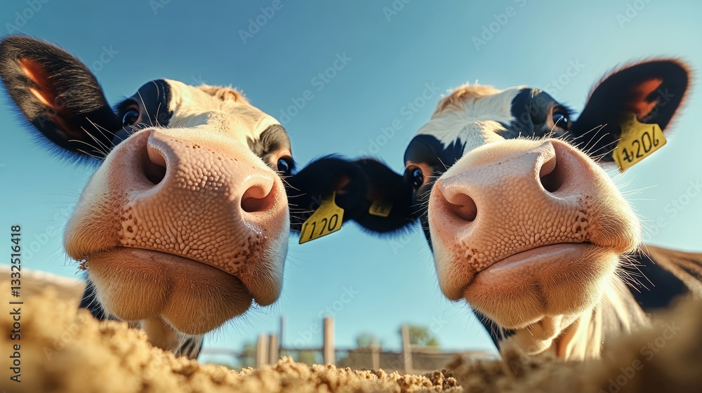 Poster two cows with yellow tags on their noses are looking at the camera. the cows are in a field with a b