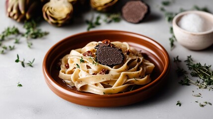 Golden tagliatelle pasta with delicate sauce, crispy artichokes, and aromatic truffle, elegantly plated on a rustic ceramic dish, garnished with fresh herbs. Generative AI.