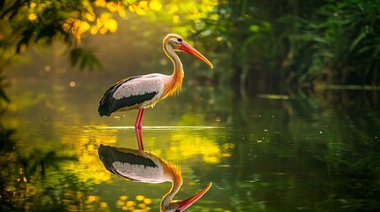 Obraz premium A wading bird stands in shallow water, its reflection mirrored perfectly. Sunlight filters through a lush forest canopy