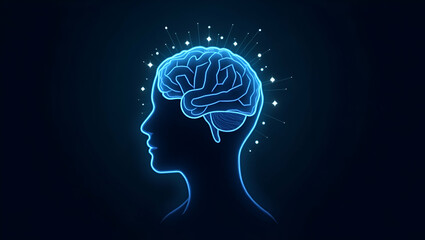 Obraz premium Flat Low Poly Brain: Abstract Vector Illustration of Wisdom with Polygonal Wireframe Design in Blue on Dark Background - A Smart Business Concept with Lines and Dots