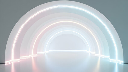 Fototapeta premium Flat Fuse parametric arcs highlight bold neon outlines integrate clean white balance yield an architectural futuristic tile arrangement concept as Merge smooth parametric arc forms with sharp neon edg