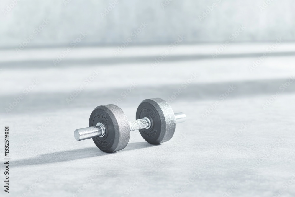 Aufkleber minimalist image of solitary dumbbell resting on smooth uncluttered gym floor with ample natural lig