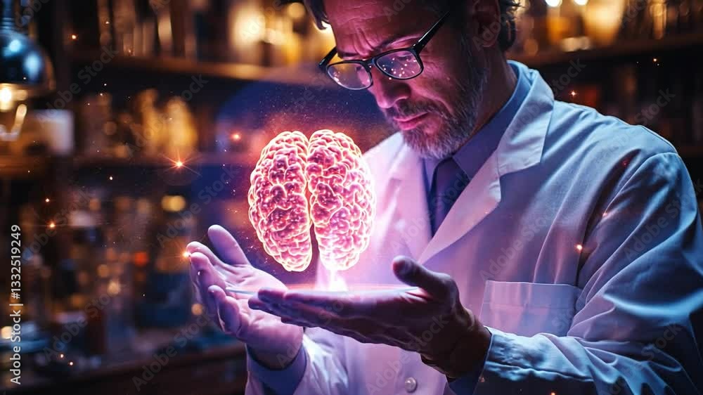 Poster a scientist examines a glowing brain hologram in a laboratory environment during a research session