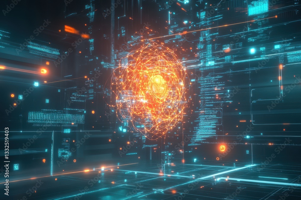 Poster digital abstract representation of an atom surrounded by glowing data streams in a tech setting