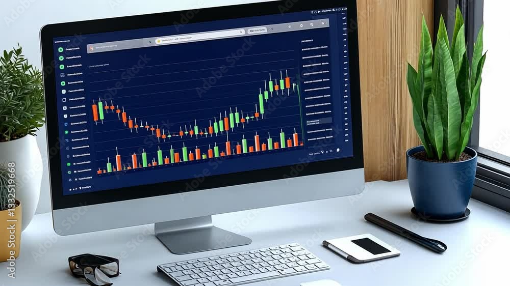Poster modern workspace featuring a computer displaying data charts with a plant and smartphone nearby