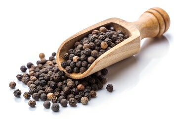 Dried black peppercorns in wooden scoop, spoon, and mortar, a spicy cooking seasoning