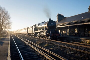 Obraz premium serene railway station with vintage steam locomotive resting on tracks surrounded by antique charm and architectural
