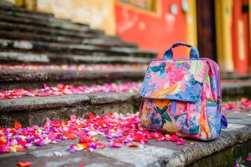 Colorful school backpack resting on steps covered with flower petals Generative AI