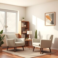 A hyper-realistic AI-generated interior design of a psychologist's consultation room. Two chairs, warm lighting, and minimalist decor create a professional yet calming atmosphere.